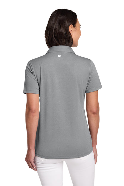 TravisMathew Women's Coto Performance Polo in Quiet Shade Grey Heather, back on model