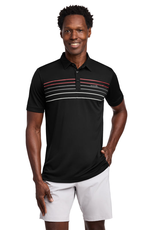 TravisMathew Coto Performance Chest Stripe Polo in Black, front on model
