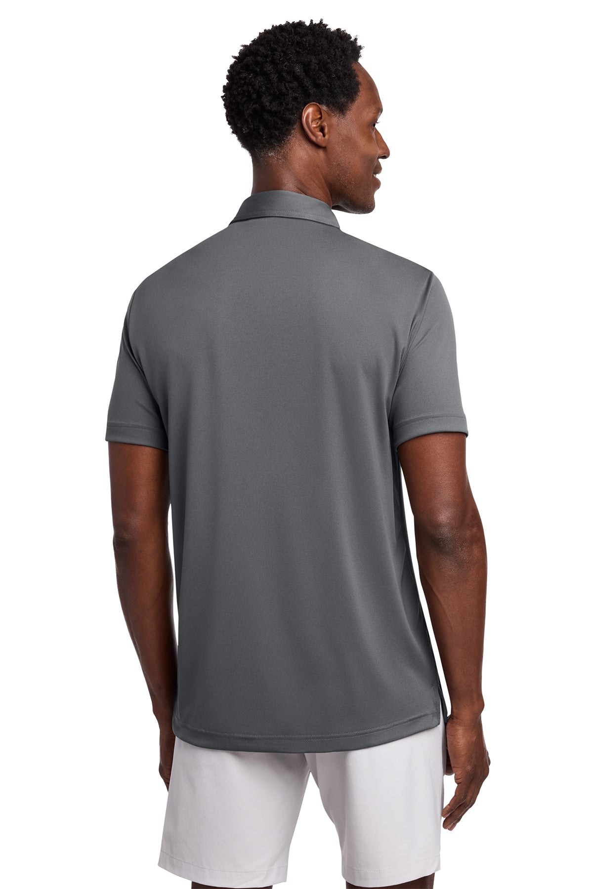 TravisMathew Coto Performance Chest Stripe Polo in Dark Grey, back on model