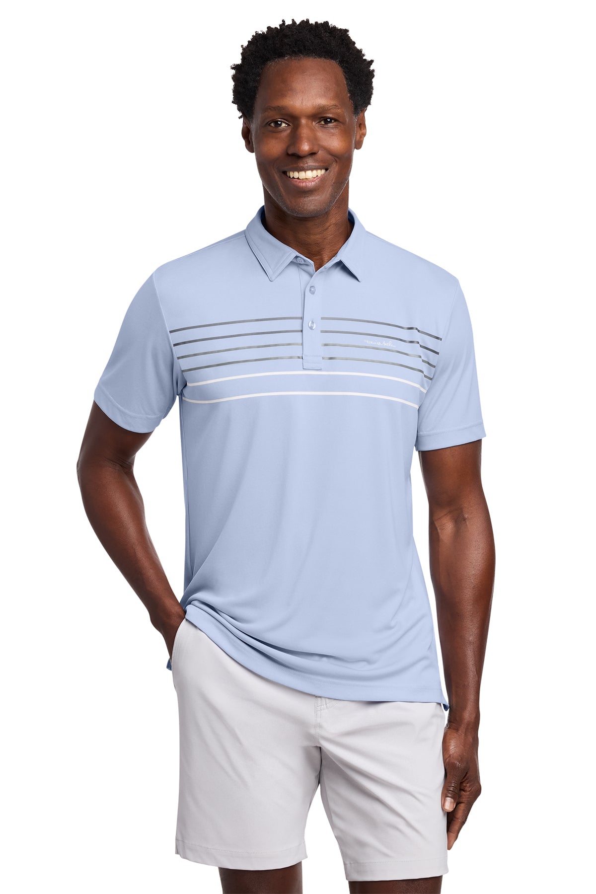TravisMathew Coto Performance Chest Stripe Polo in Kentucky Blue Heather, front on model
