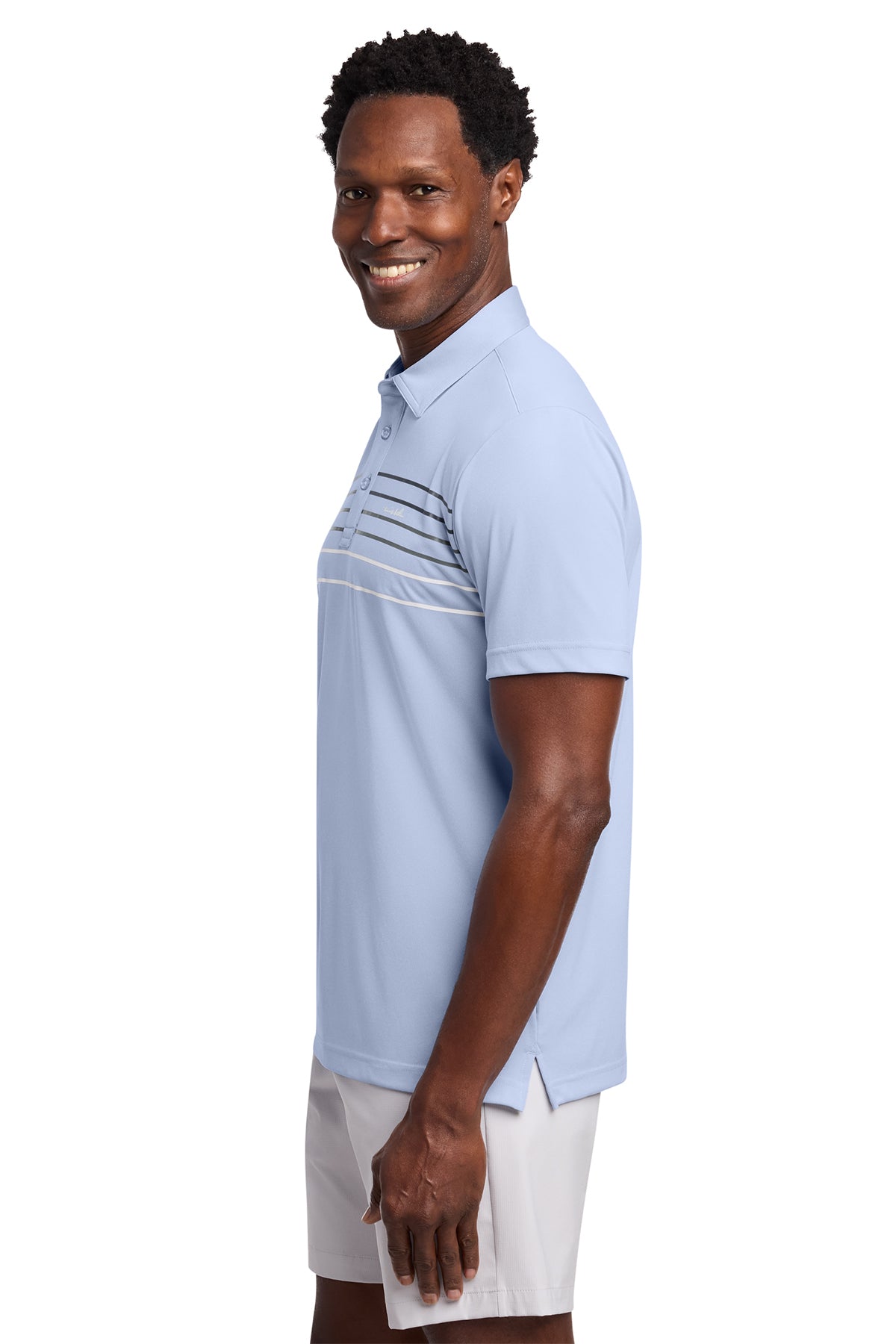TravisMathew Coto Performance Chest Stripe Polo in Kentucky Blue Heather, side on model