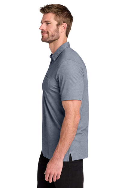TravisMathew Oceanside Heather Pocket Polo in Blue Nights Heather, side on model