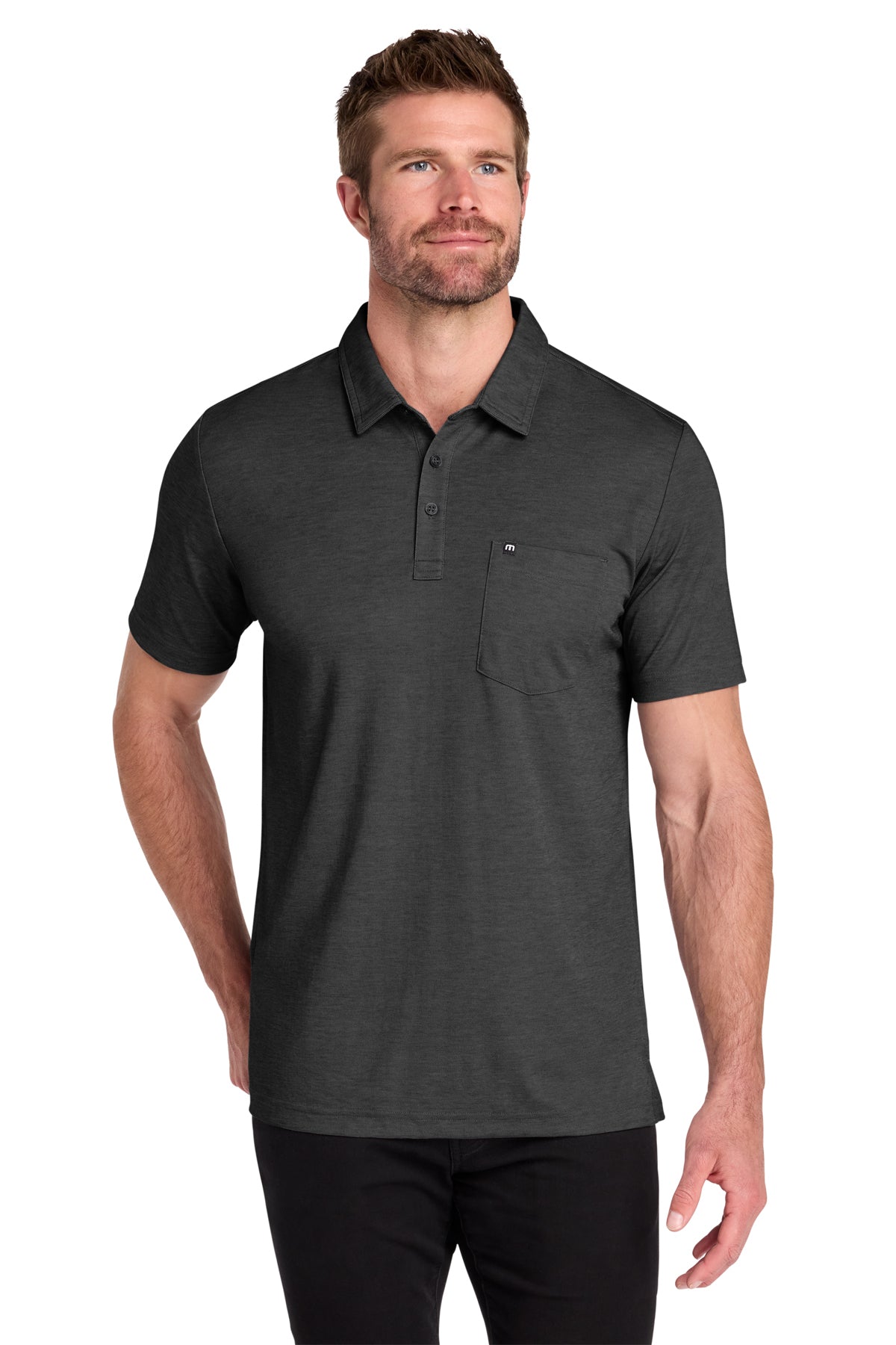 TravisMathew Oceanside Heather Pocket Polo in Black Heather, front on model