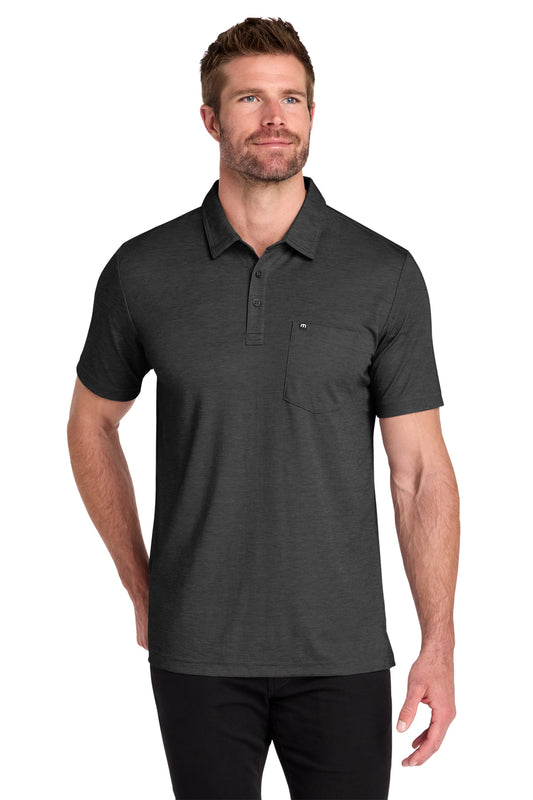 TravisMathew Oceanside Heather Pocket Polo in Black Heather, front on model