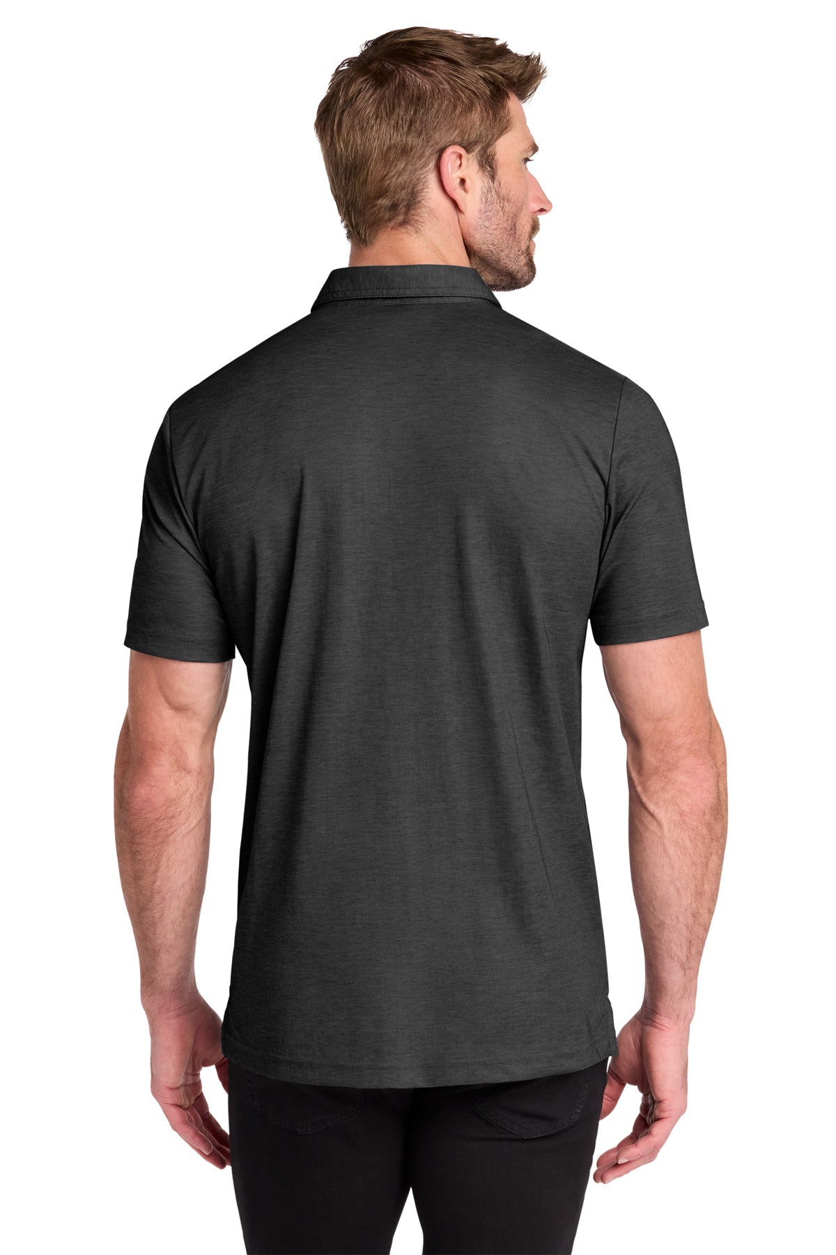 TravisMathew Oceanside Heather Pocket Polo in Black Heather, back on model