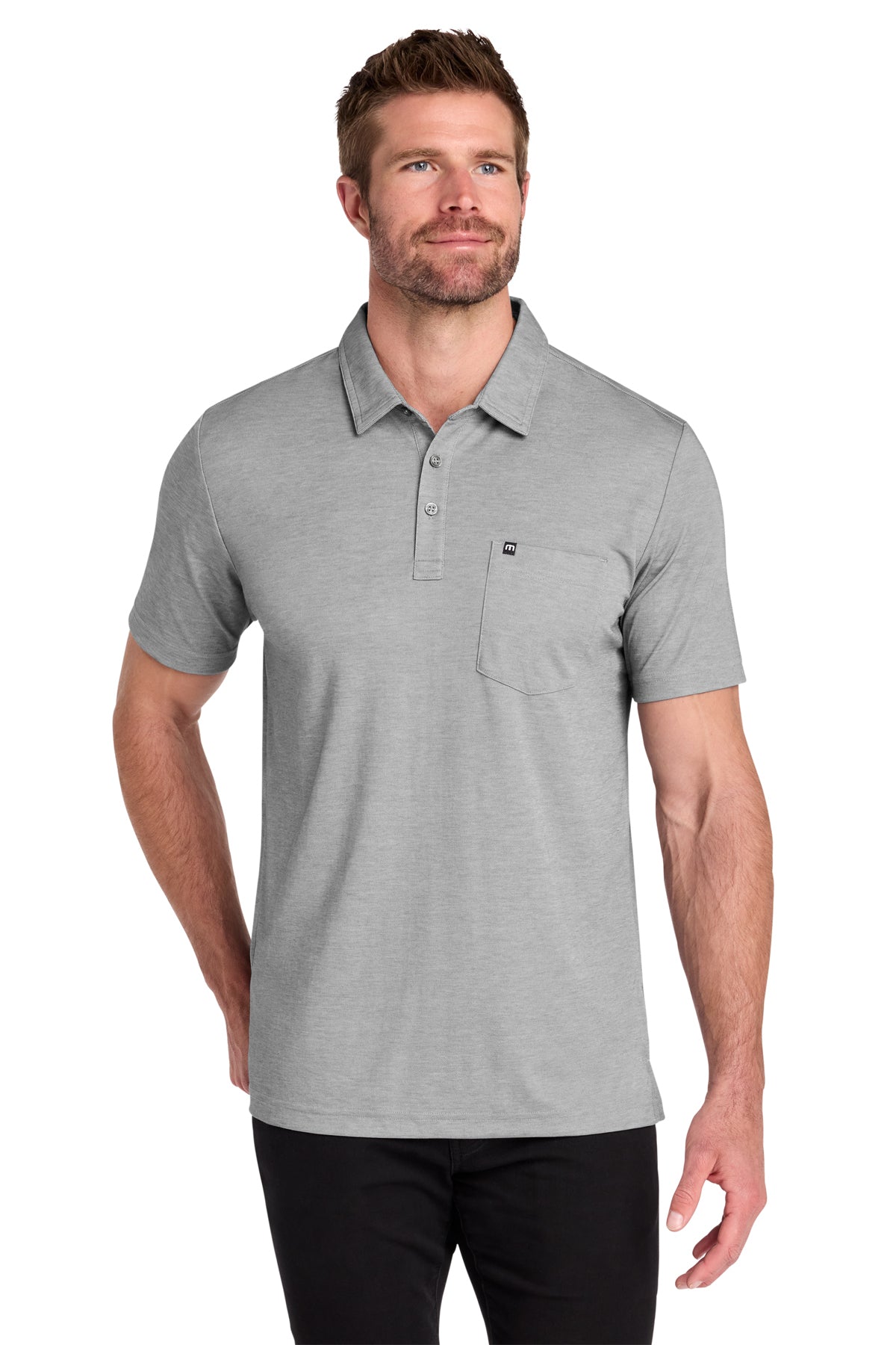 TravisMathew Oceanside Heather Pocket Polo in Quiet Shade Grey Heather, front on model