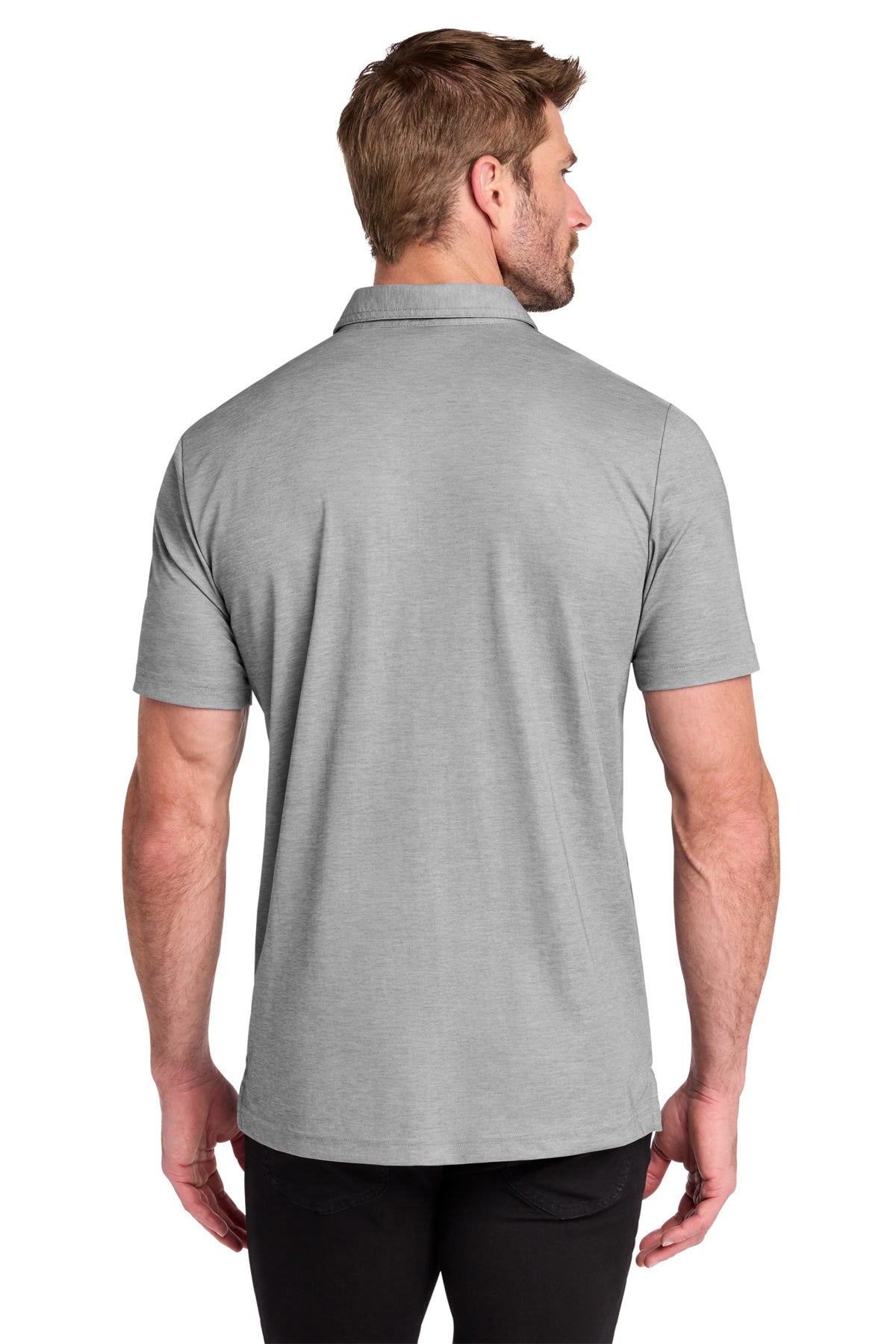 TravisMathew Oceanside Heather Pocket Polo in Quiet Shade Grey Heather, back on model