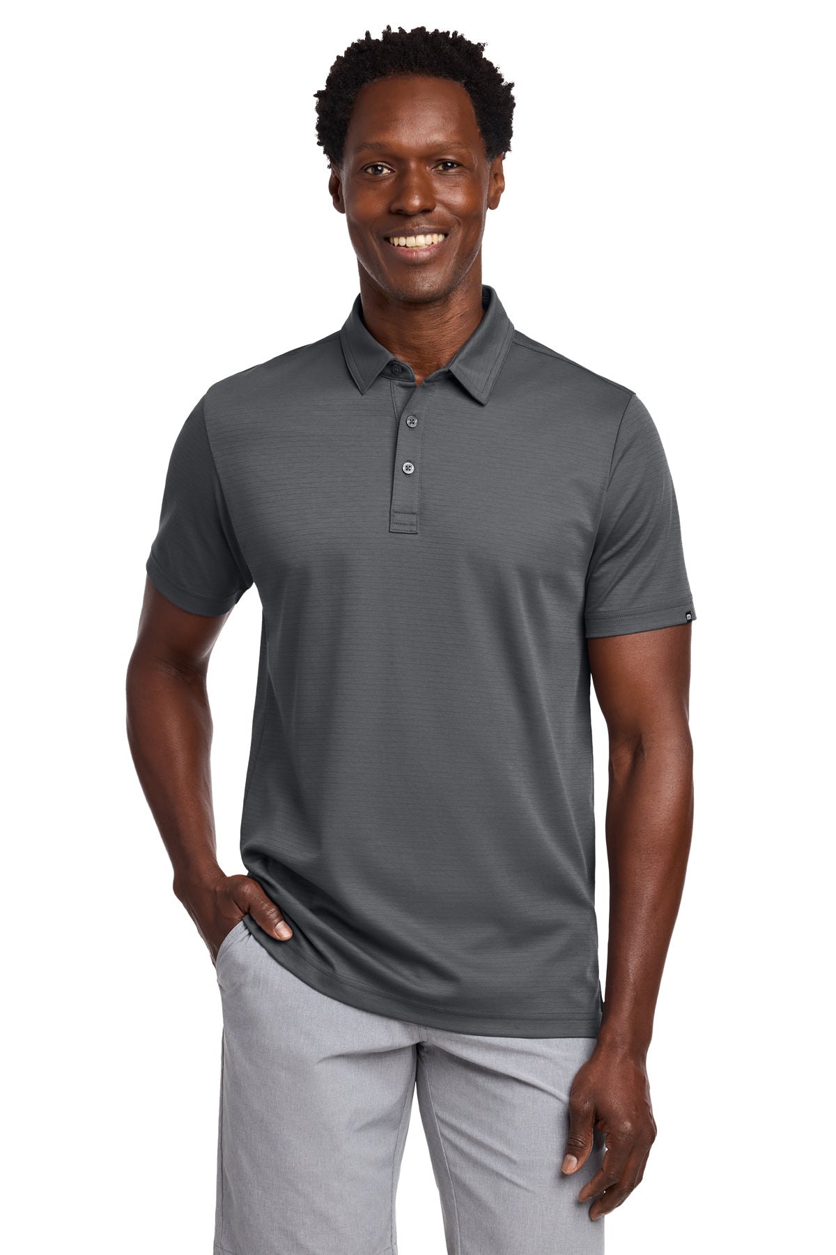 TravisMathew Bayfront Solid Polo in Dark Grey, front on model