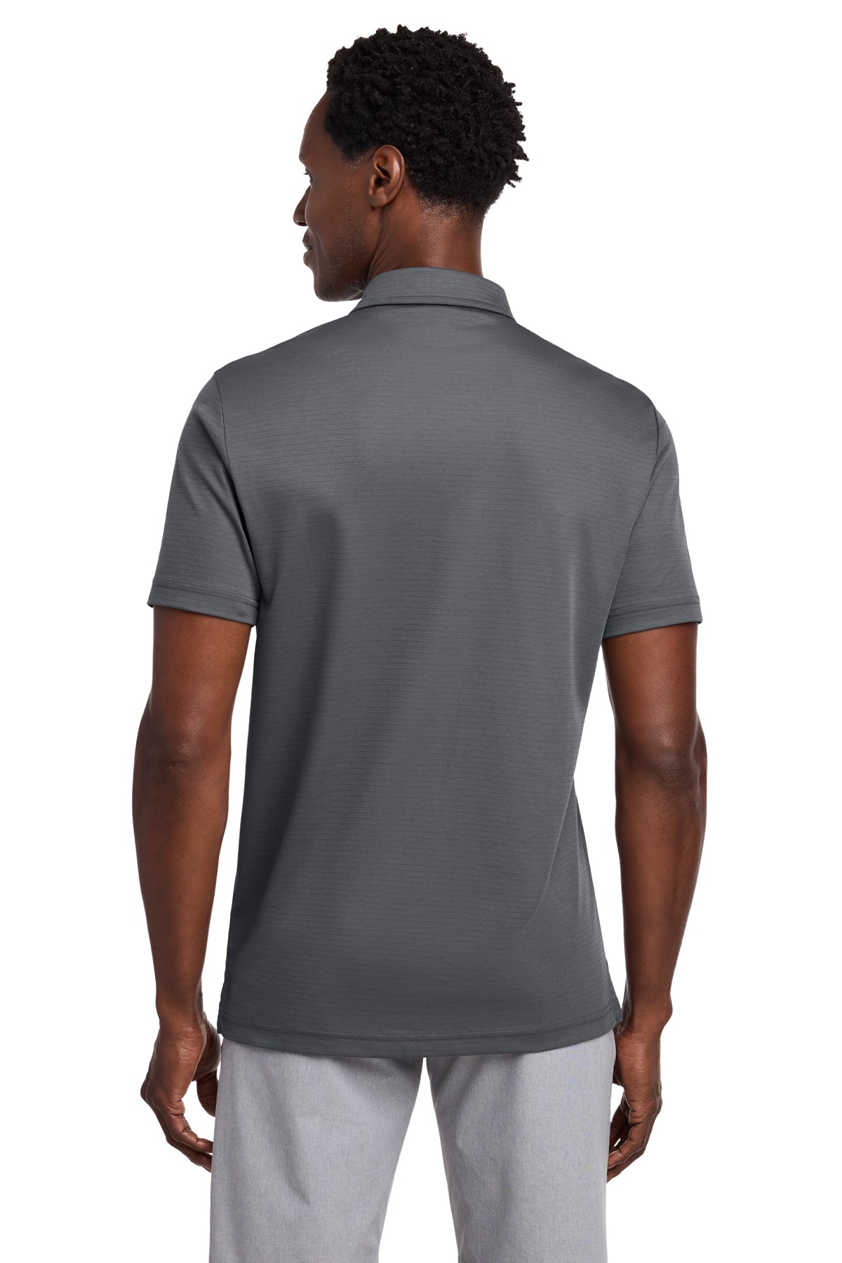 TravisMathew Bayfront Solid Polo in Dark Grey, back on model
