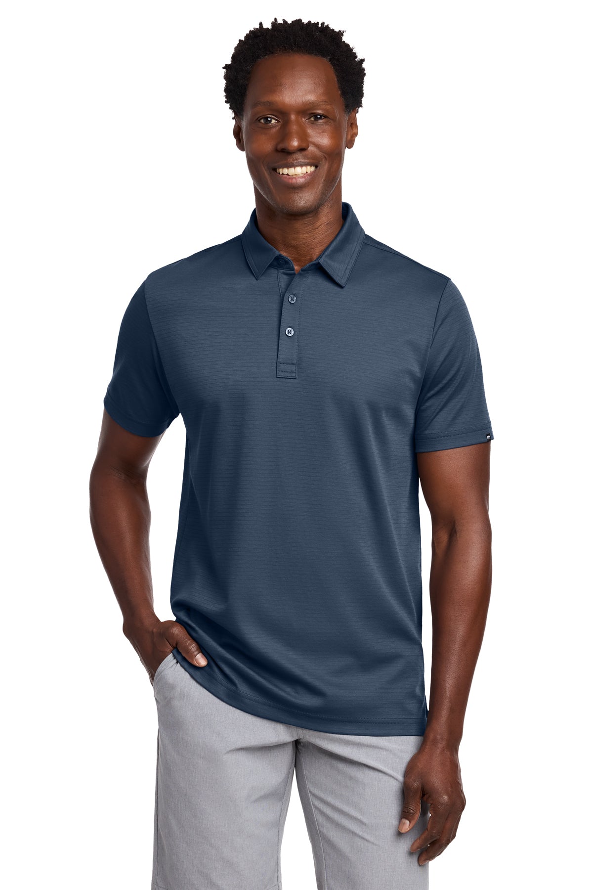 TravisMathew Bayfront Solid Polo in Insignia Blue, front on model