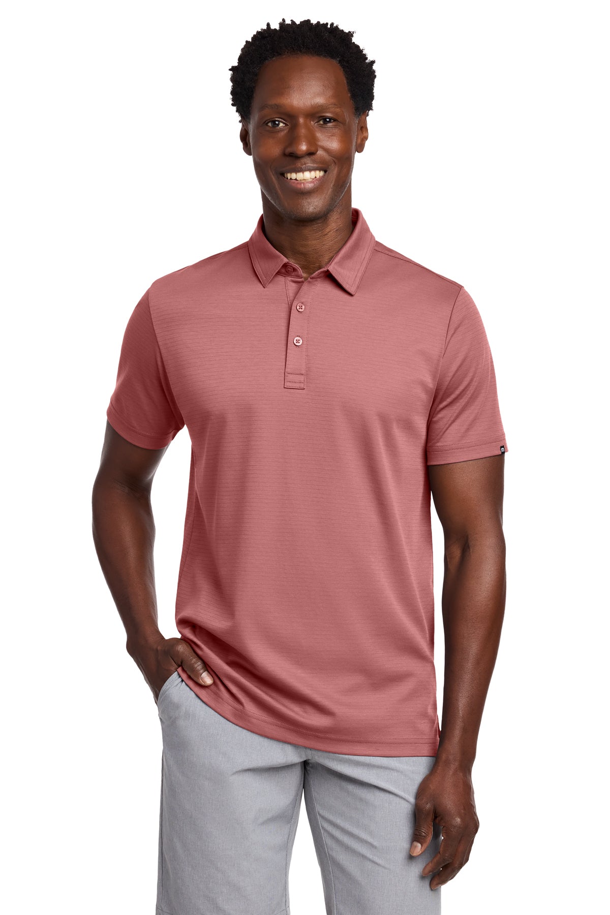 TravisMathew Bayfront Solid Polo in Roan Rouge, front on model