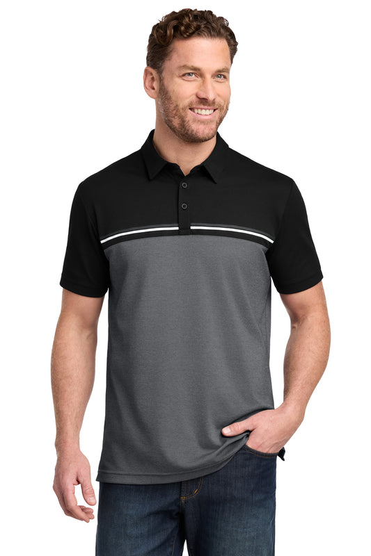 TravisMathew Sunset Blocked Polo in Black/ Dark Grey Heather, front on model