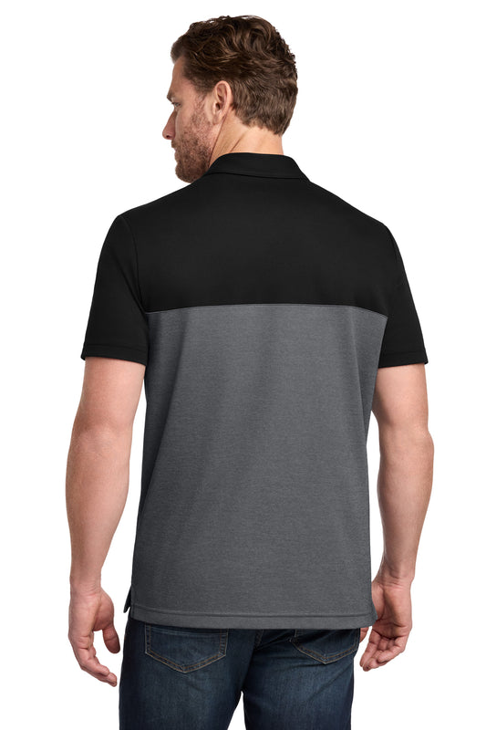 TravisMathew Sunset Blocked Polo in Black/ Dark Grey Heather, back on model