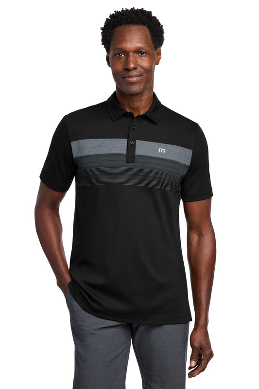 TravisMathew Coastal Chest Stripe Polo in Black, front on model