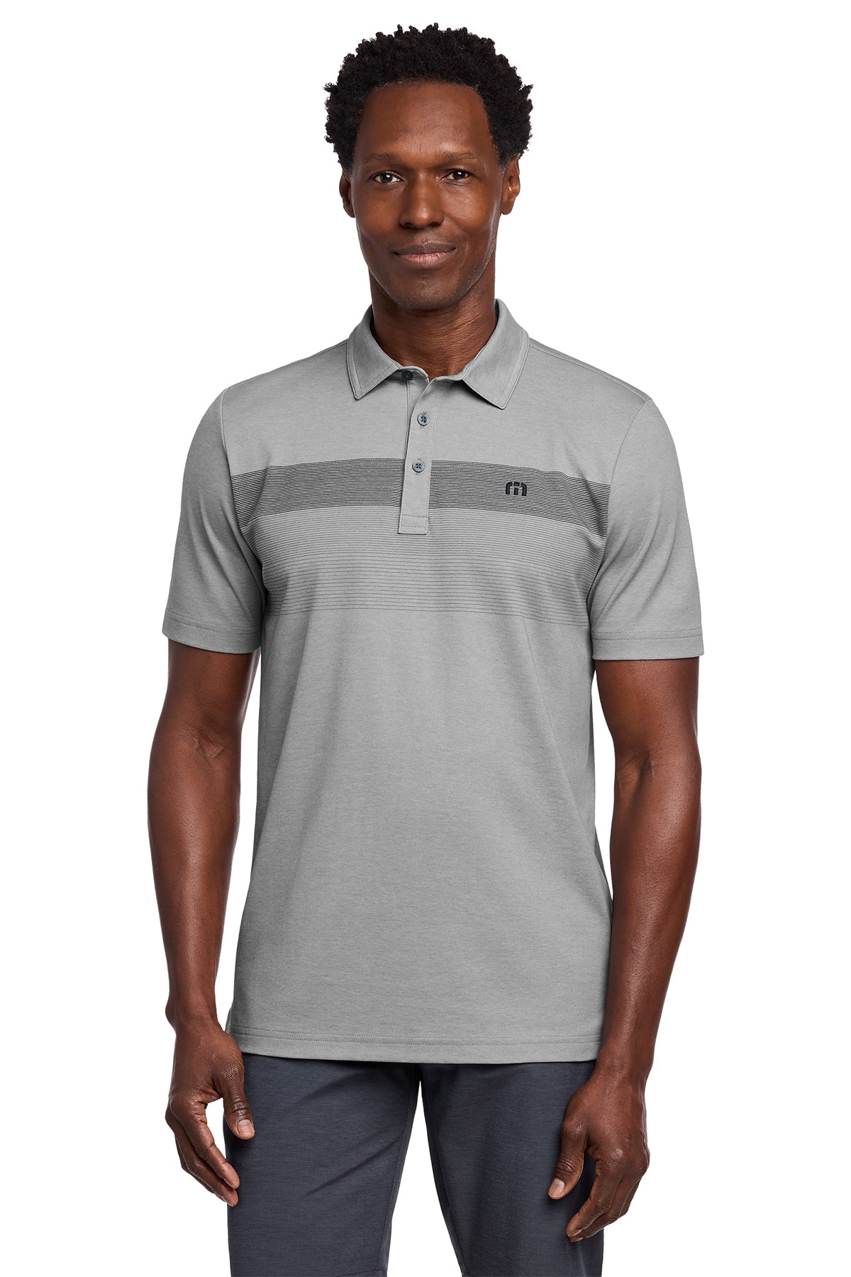 TravisMathew Coastal Chest Stripe Polo in Quiet Shade Grey Heather, front on model