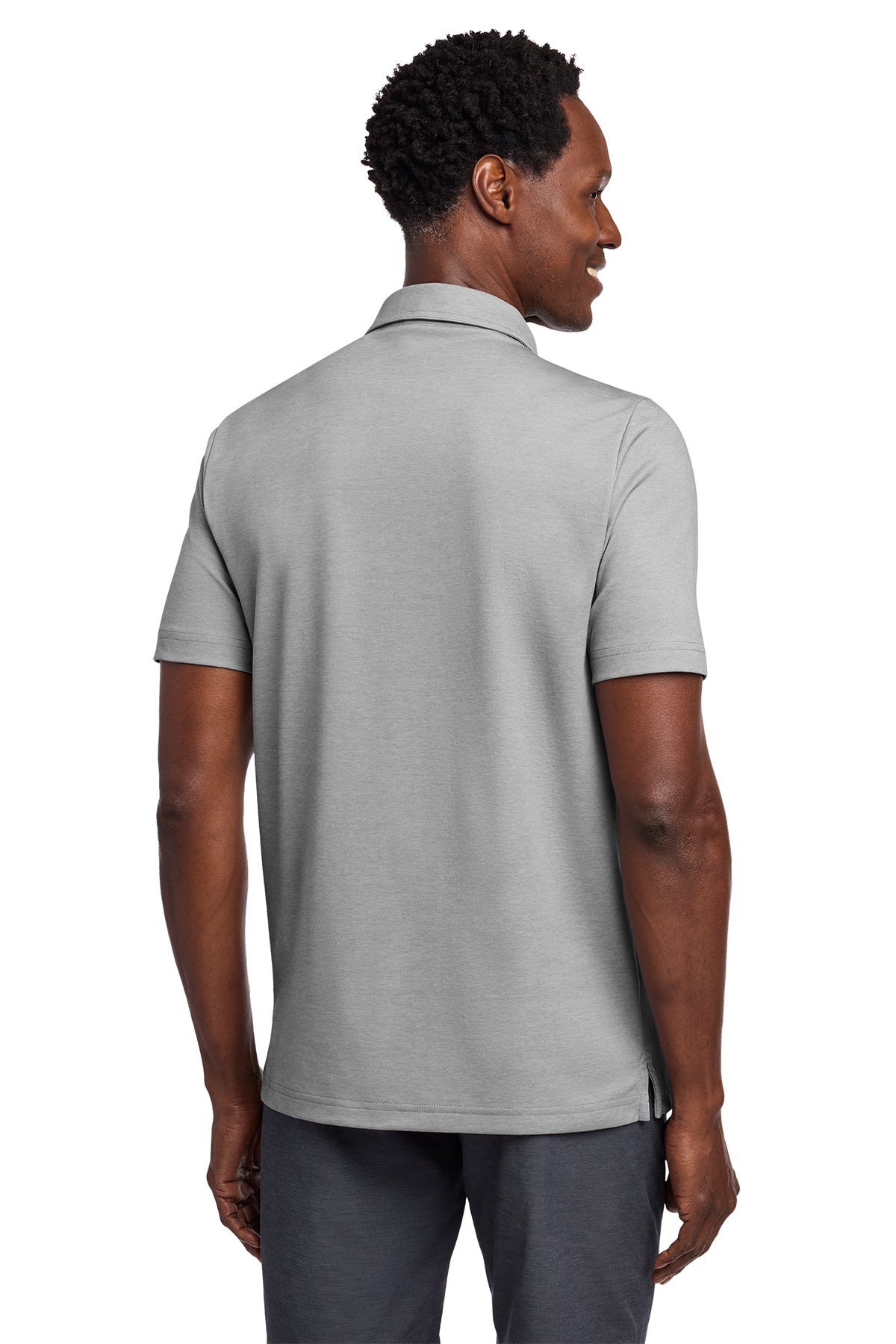 TravisMathew Coastal Chest Stripe Polo in Quiet Shade Grey Heather, back on model