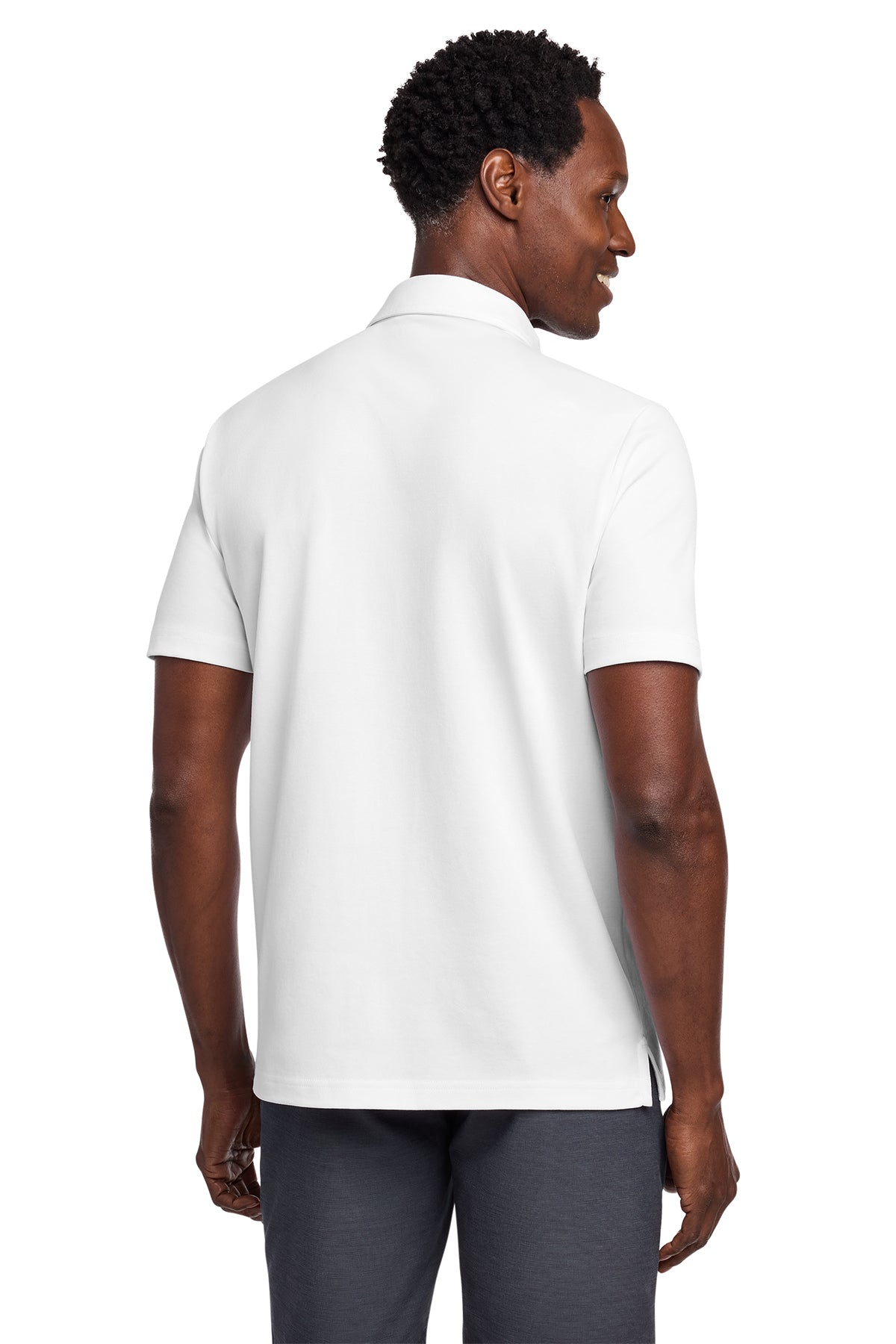 TravisMathew Coastal Chest Stripe Polo in White, back on model