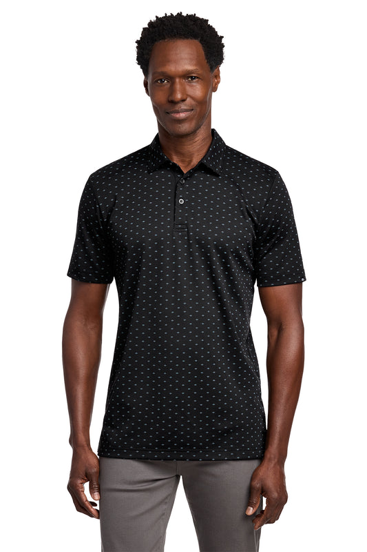 TravisMathew Oceanside Geo Polo in Black/ Aegean Blue, front on model