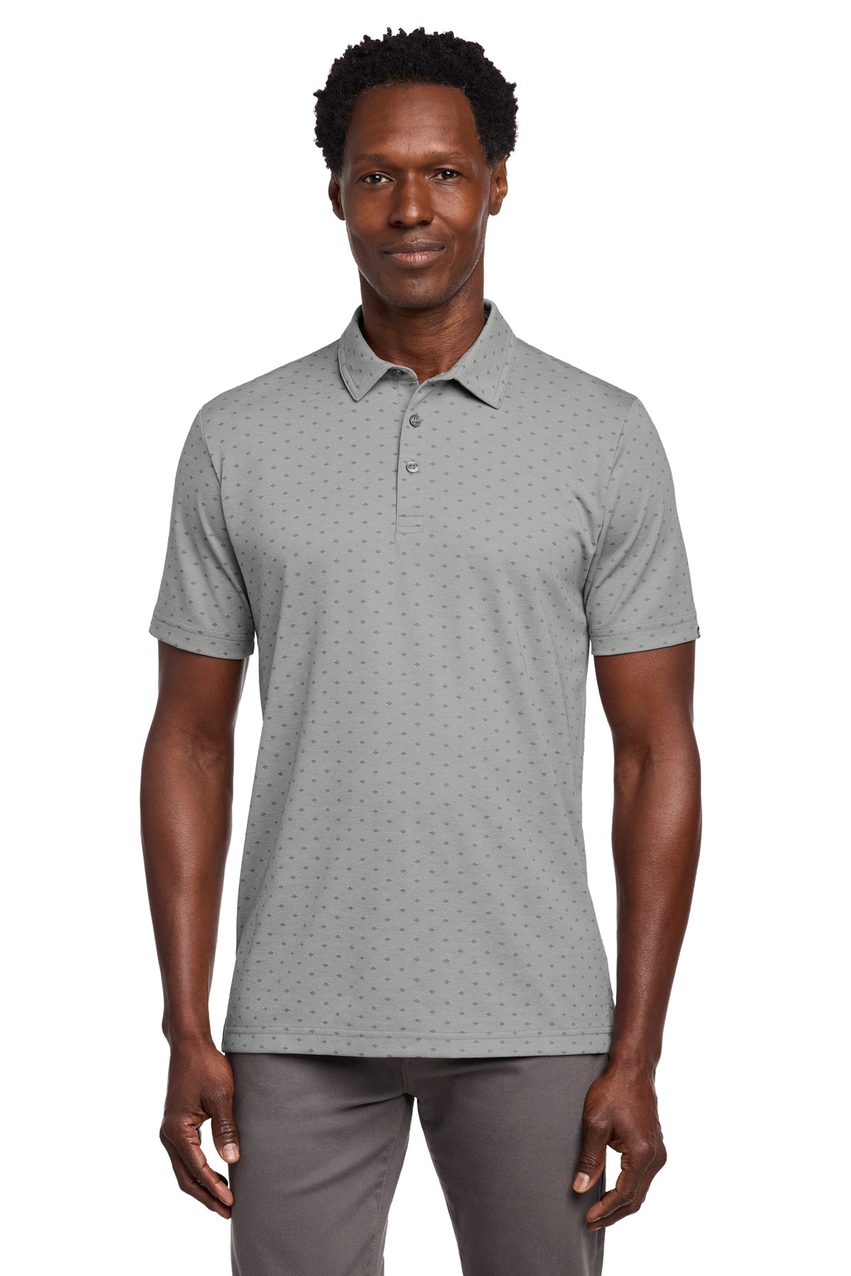 TravisMathew Oceanside Geo Polo in Quiet Shade Grey Heather/ Dark Grey, front on model
