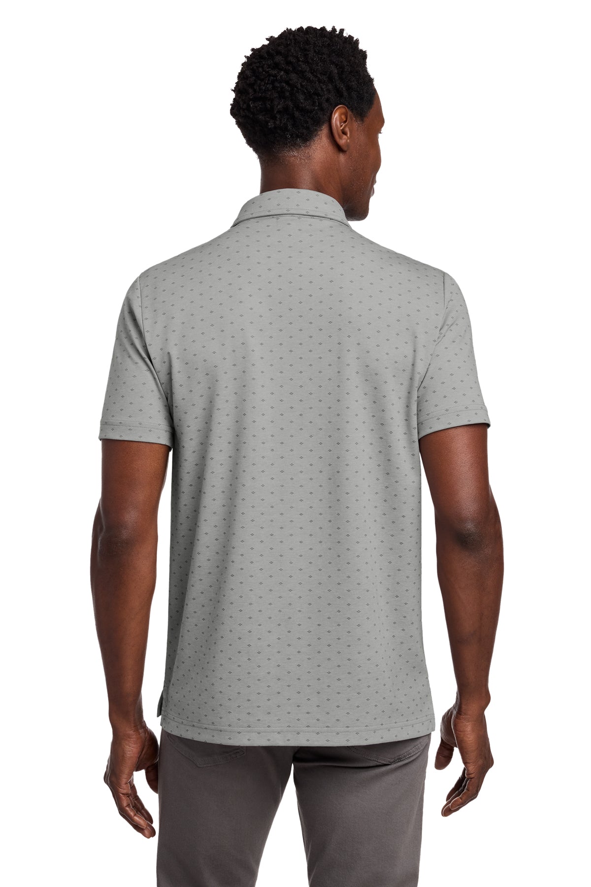 TravisMathew Oceanside Geo Polo in Quiet Shade Grey Heather/ Dark Grey, back on model