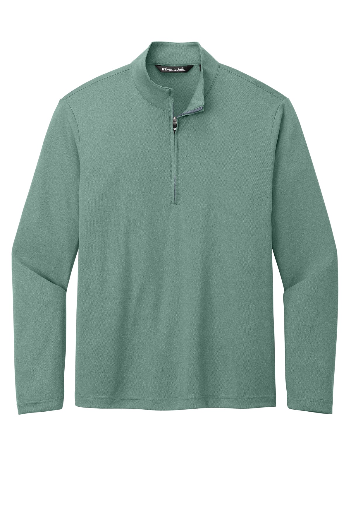 TravisMathew Coto Performance 1/4-Zip in Beryl Green Heather, front flat