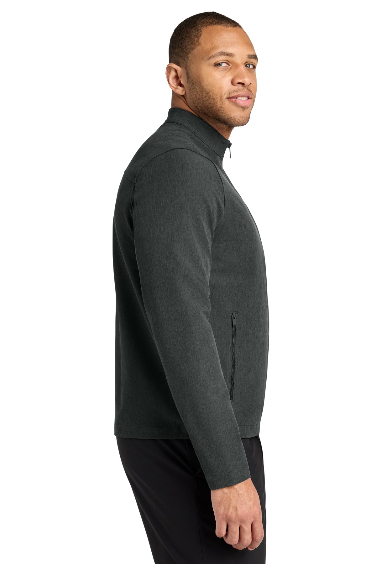 Mercer+Mettle Stretch Soft Shell Jacket in Anchor Grey Heather, side on model