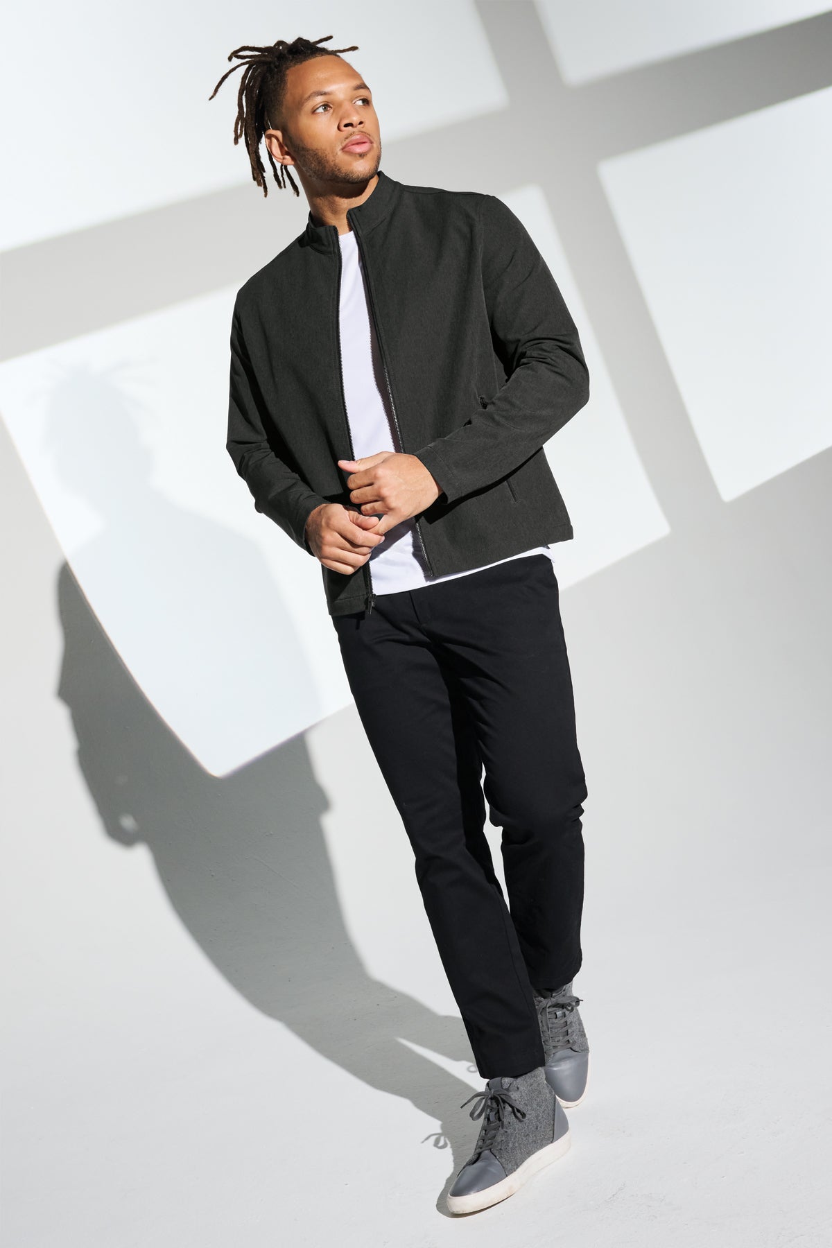 Mercer+Mettle Stretch Soft Shell Jacket in Night Navy, view on model