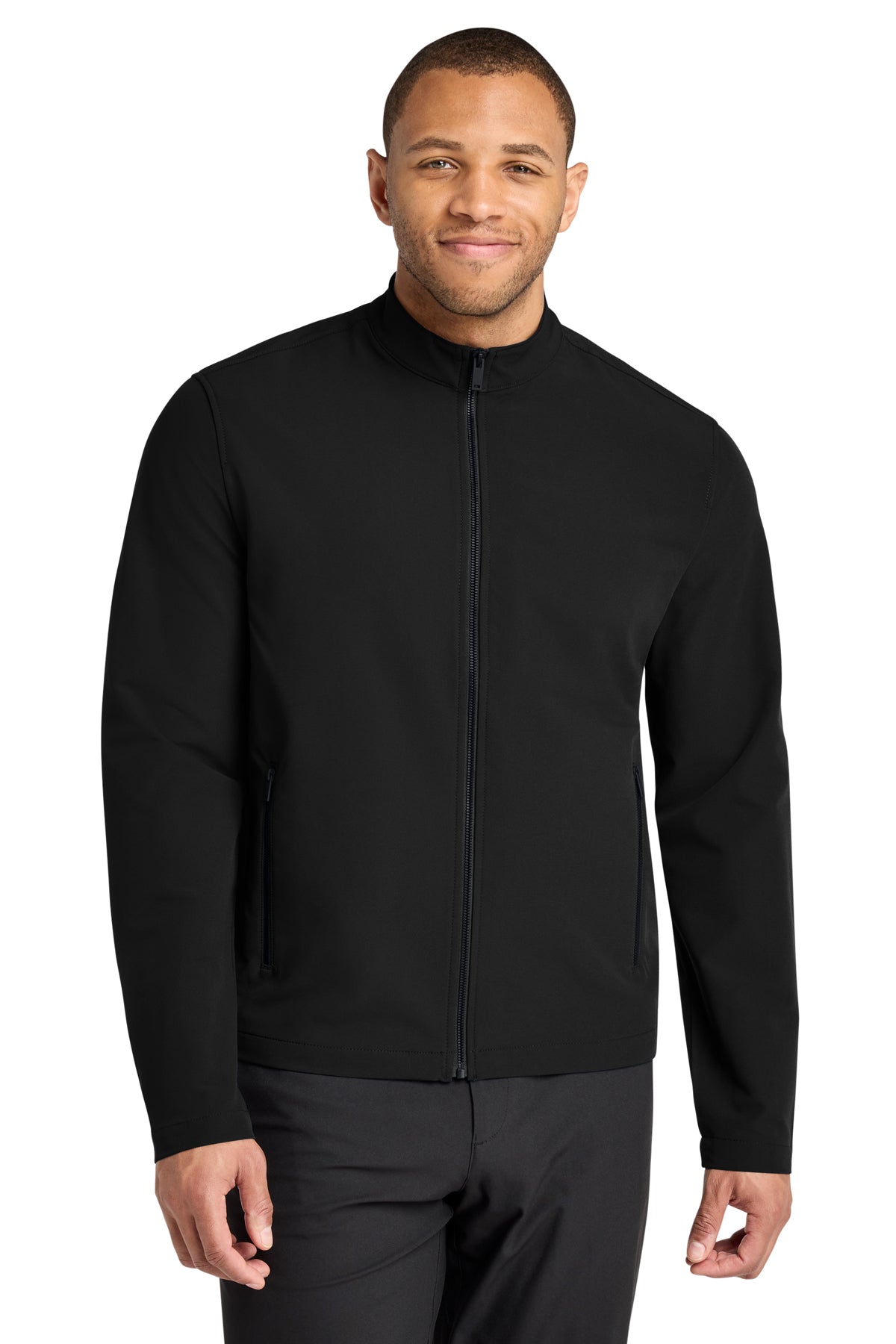Mercer+Mettle Stretch Soft Shell Jacket in Deep Black, front on model