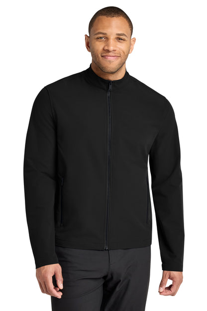 Mercer+Mettle Stretch Soft Shell Jacket in Deep Black, front on model