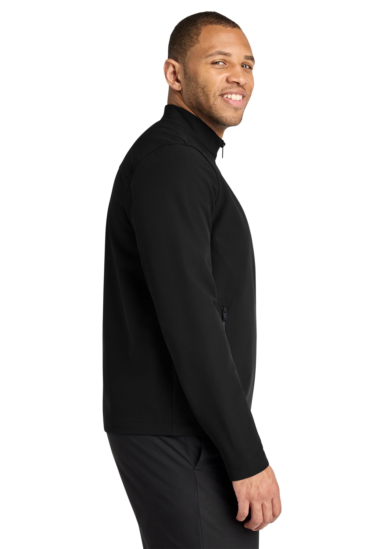 Mercer+Mettle Stretch Soft Shell Jacket in Deep Black, side on model