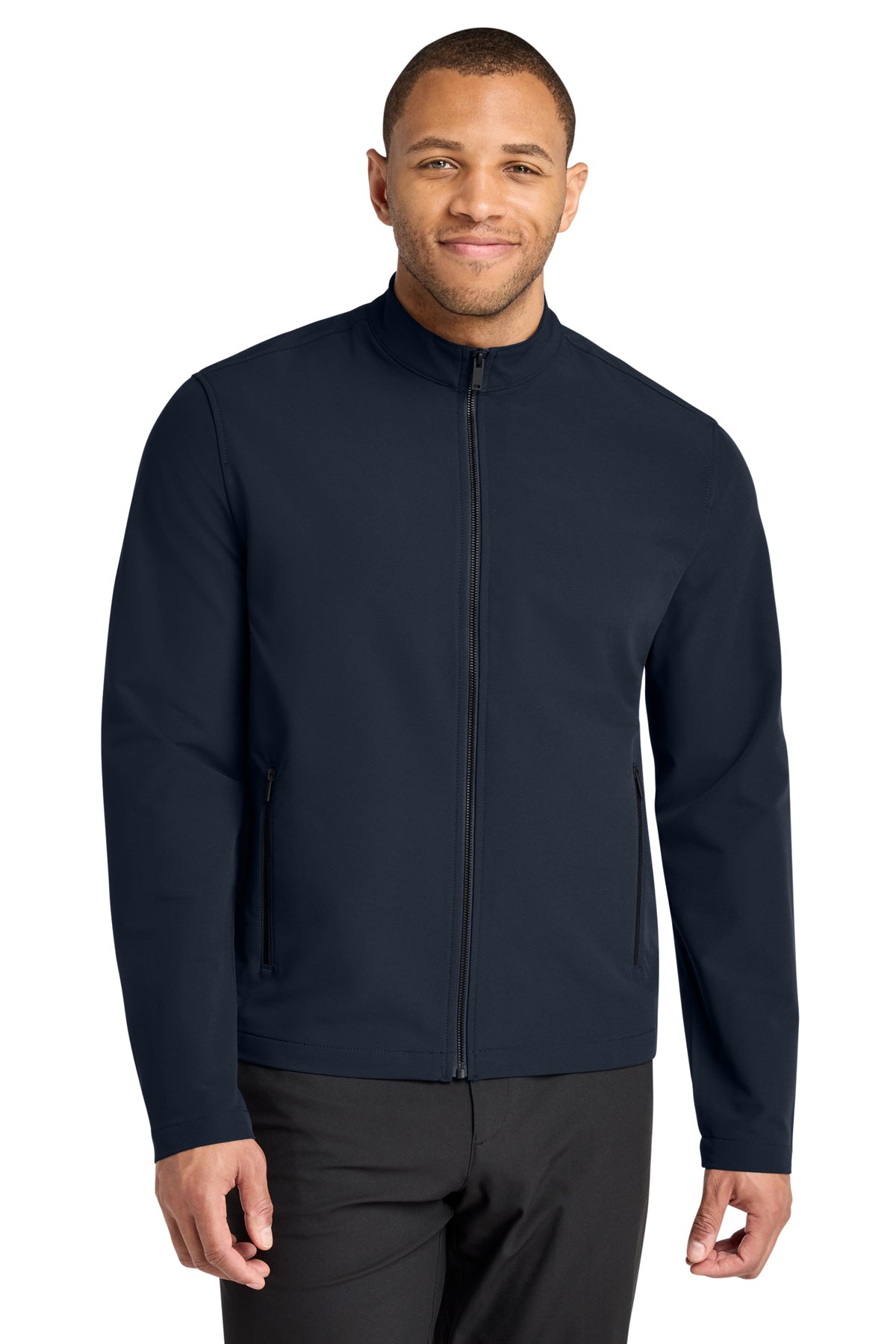 Mercer+Mettle Stretch Soft Shell Jacket in Night Navy, front on model