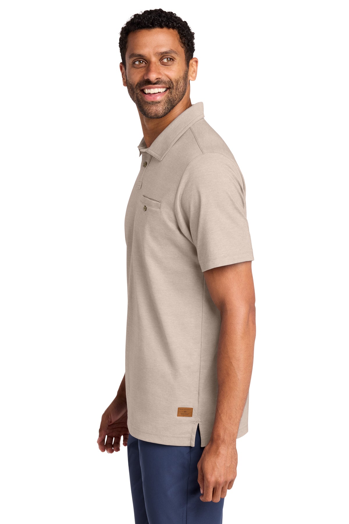 TravisMathew Sunsetters Pocket Polo in Portabella Heather, side on model