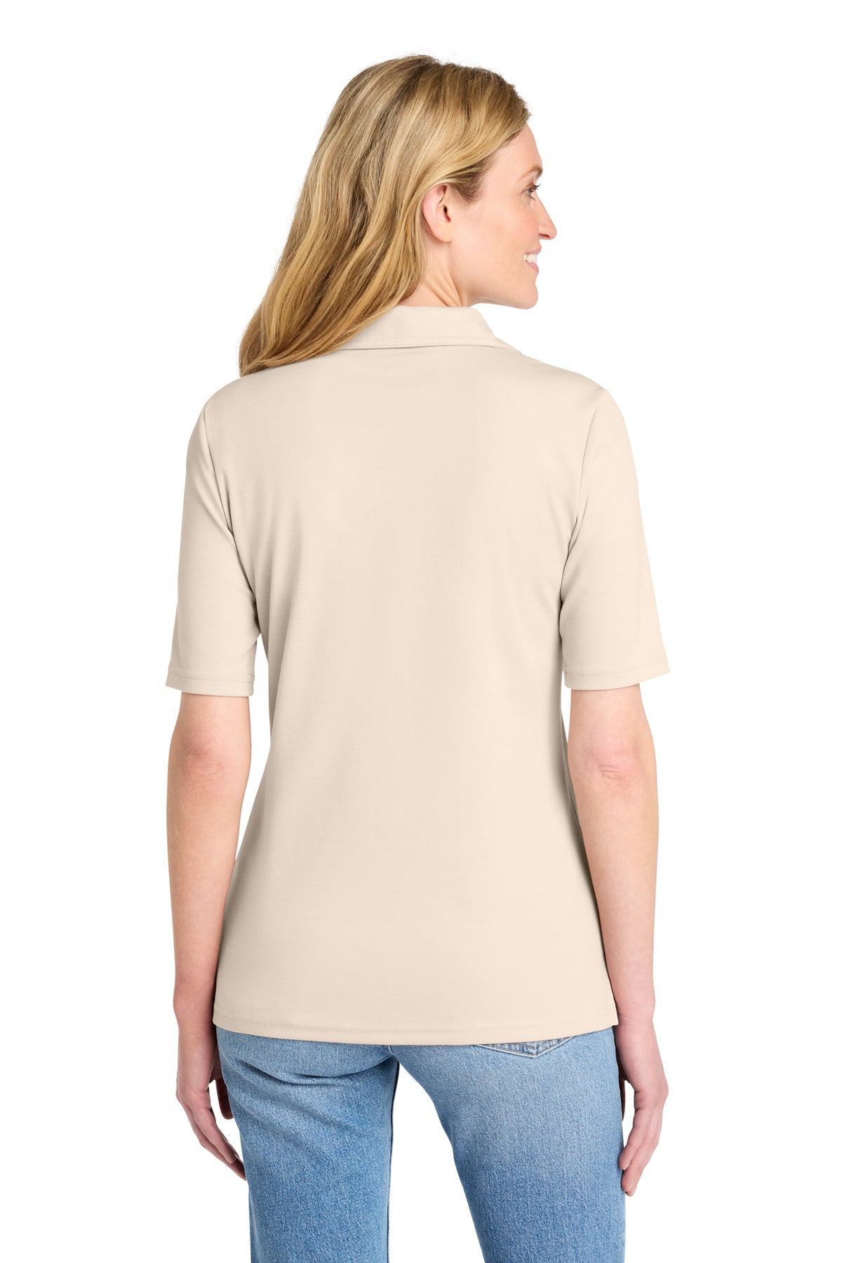 TravisMathew Women's Sunsetters Polo in Natural Heather, back on model