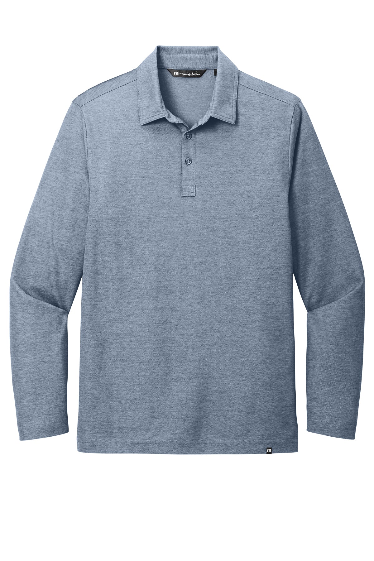 TravisMathew Oceanside Heather Long Sleeve Polo in Blue Nights Heather, front flat