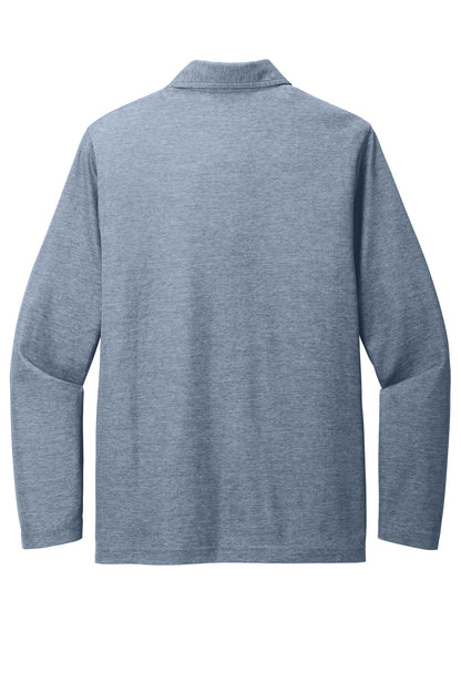 TravisMathew Oceanside Heather Long Sleeve Polo in Blue Nights Heather, back flat