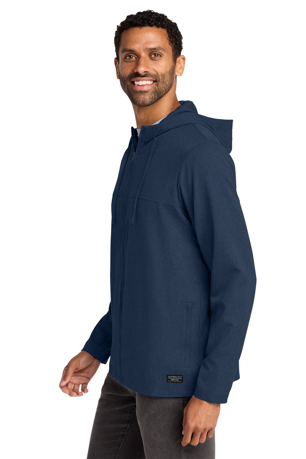 TravisMathew Balboa Hooded Full-Zip Jacket in Blue Nights Heather, side on model