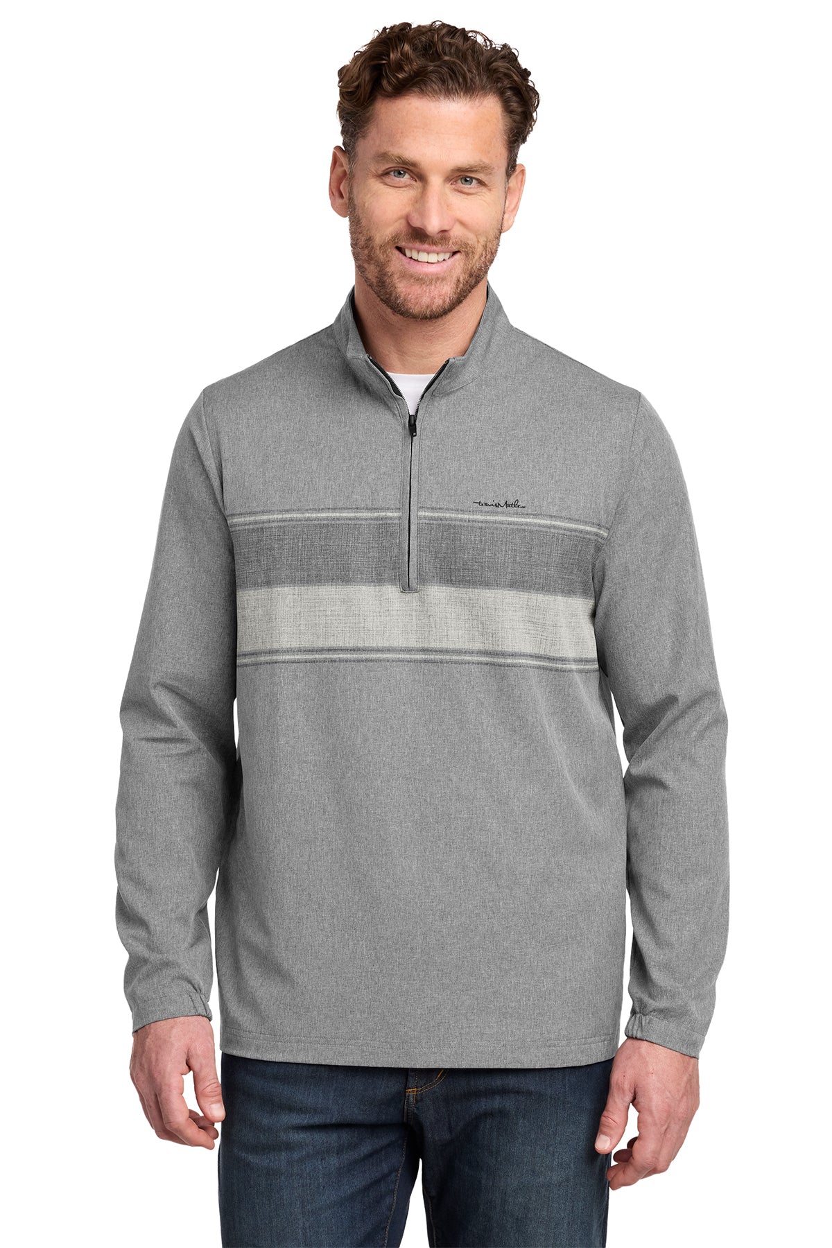TravisMathew Balboa Chest Stripe 1/4-Zip in Dark Grey Heather, front on model