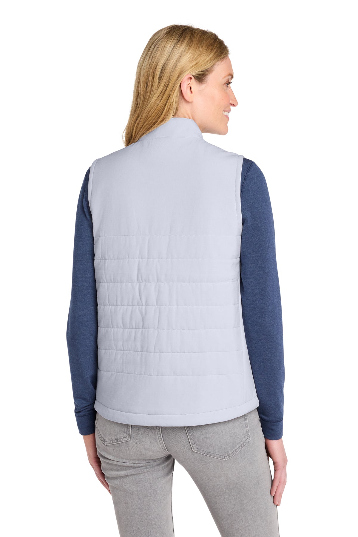TravisMathew Women's Cold Bay Vest in Microchip Grey, back on model