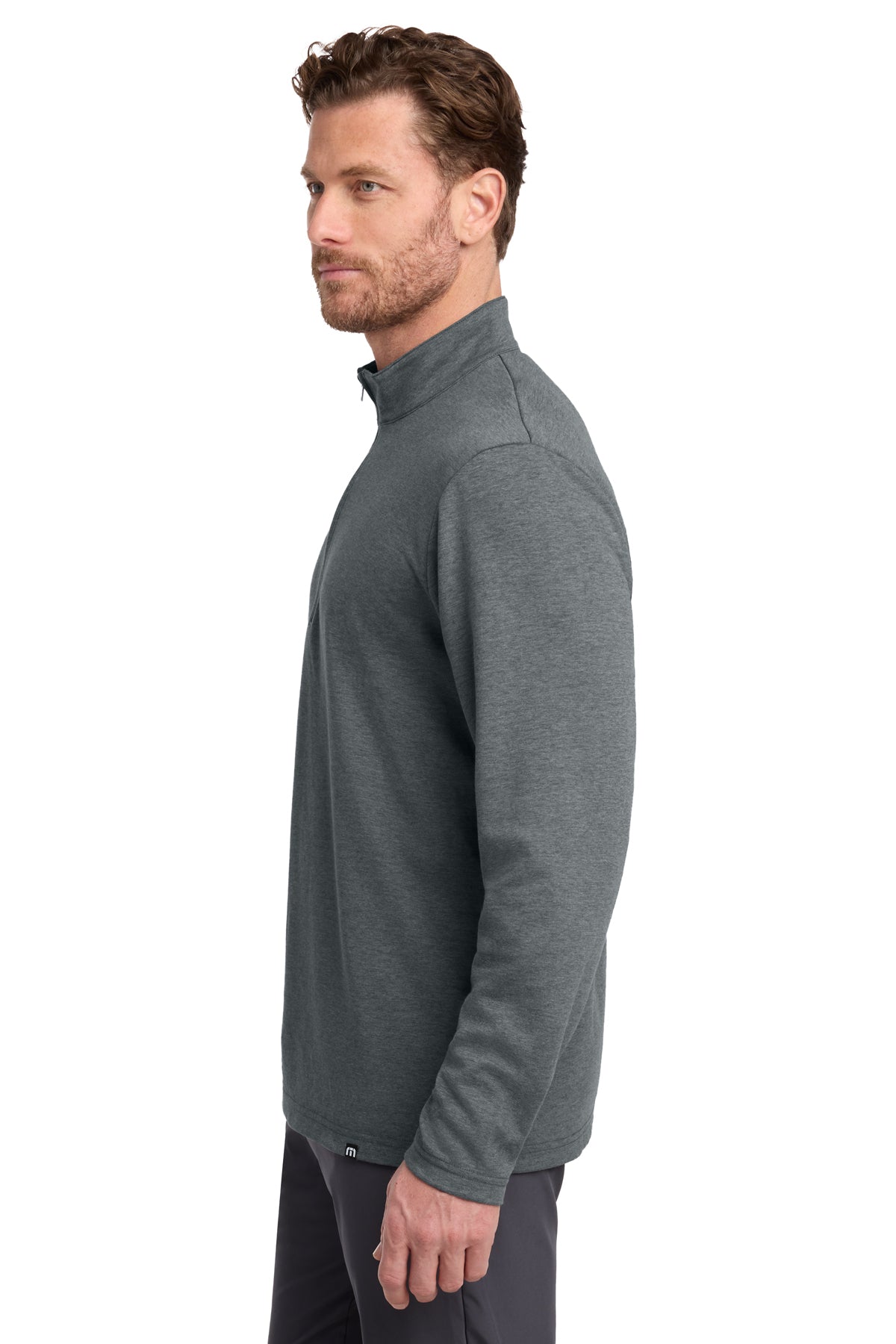 TravisMathew Coveside 1/4-Zip in Dark Grey Heather, side on model