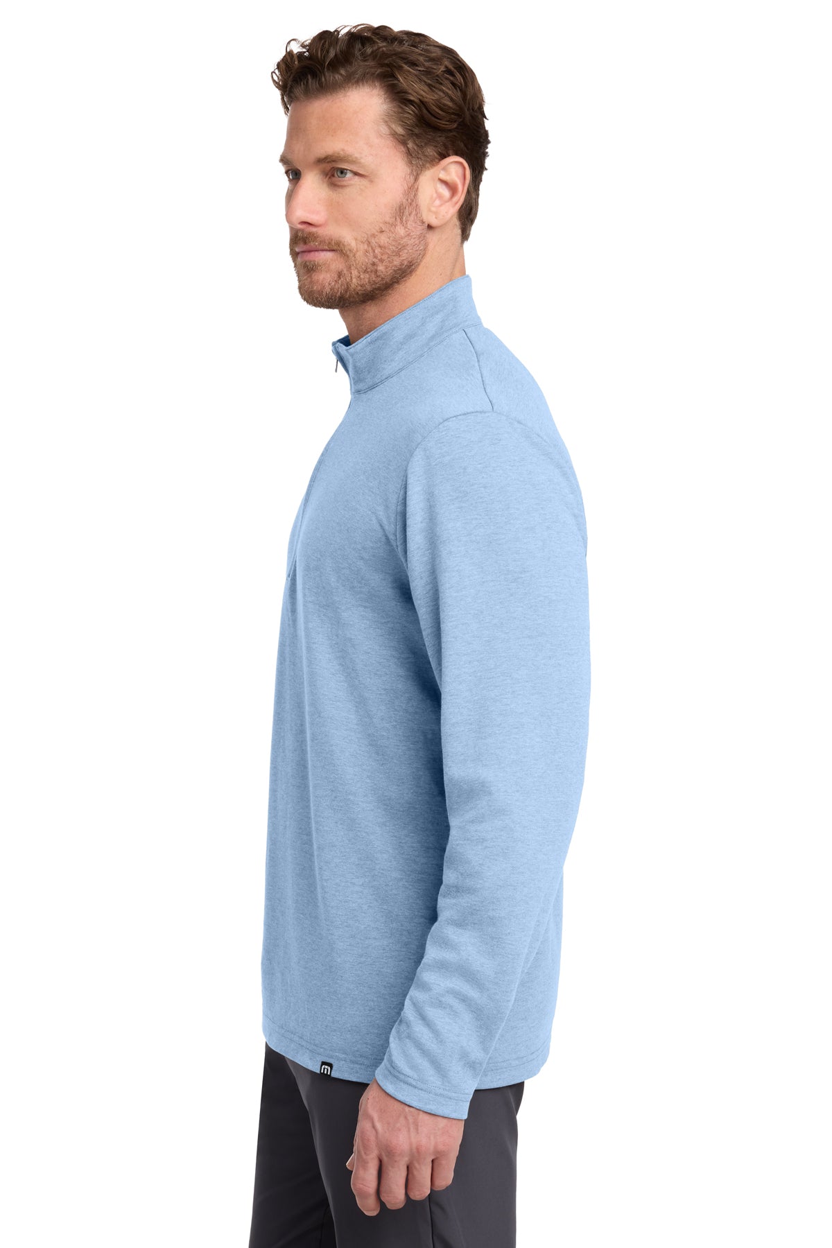 TravisMathew Coveside 1/4-Zip in Light Blue Heather, side on model