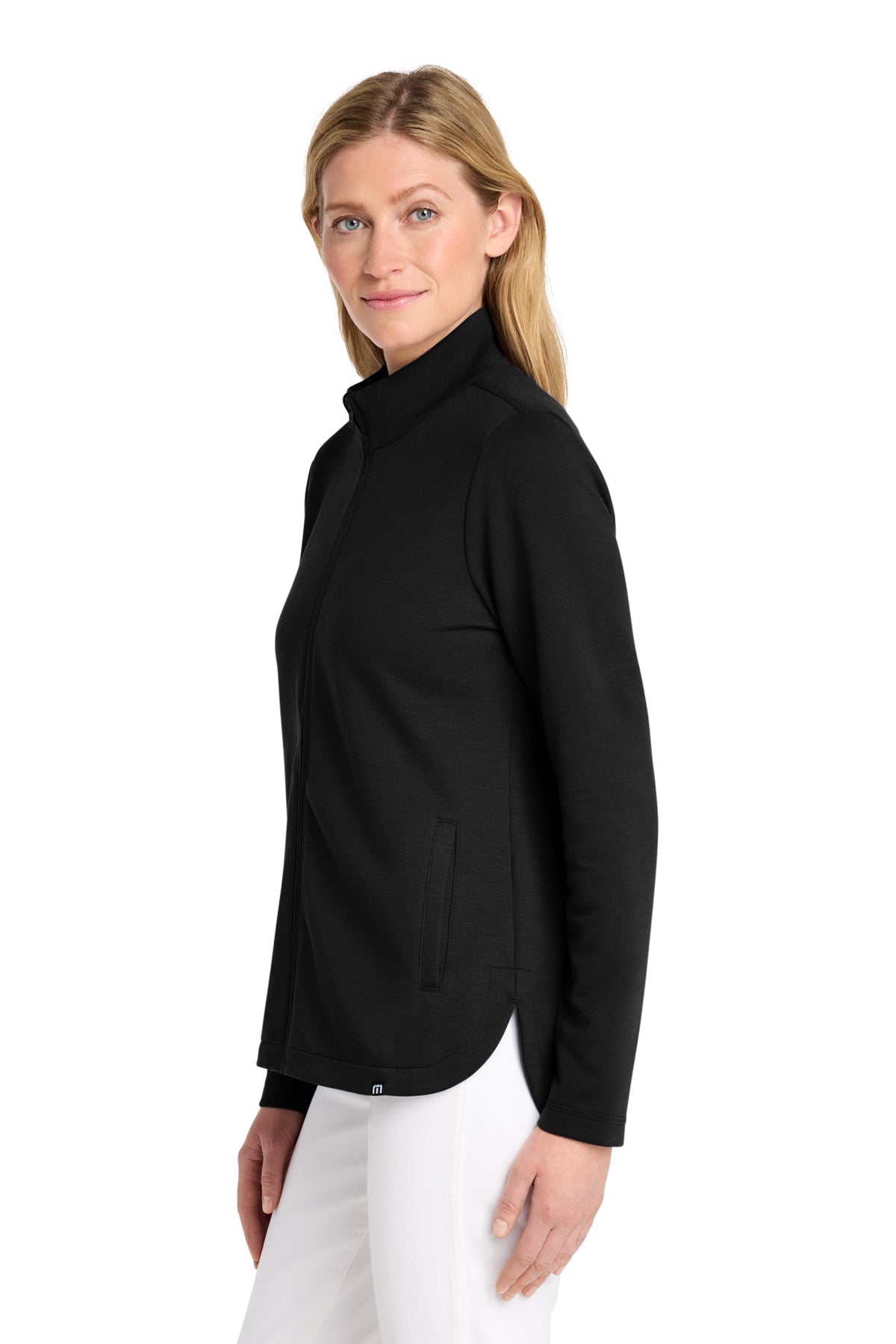 TravisMathew Women's Coveside Full-Zip in Black, side on model