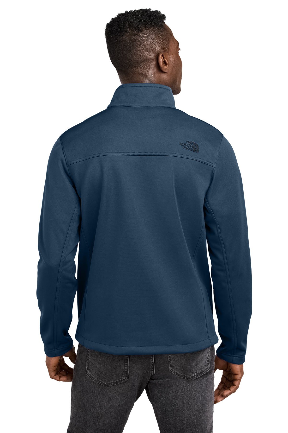 The North Face Chest Logo Ridgewall Soft Shell Jacket in Shady Blue, back on model