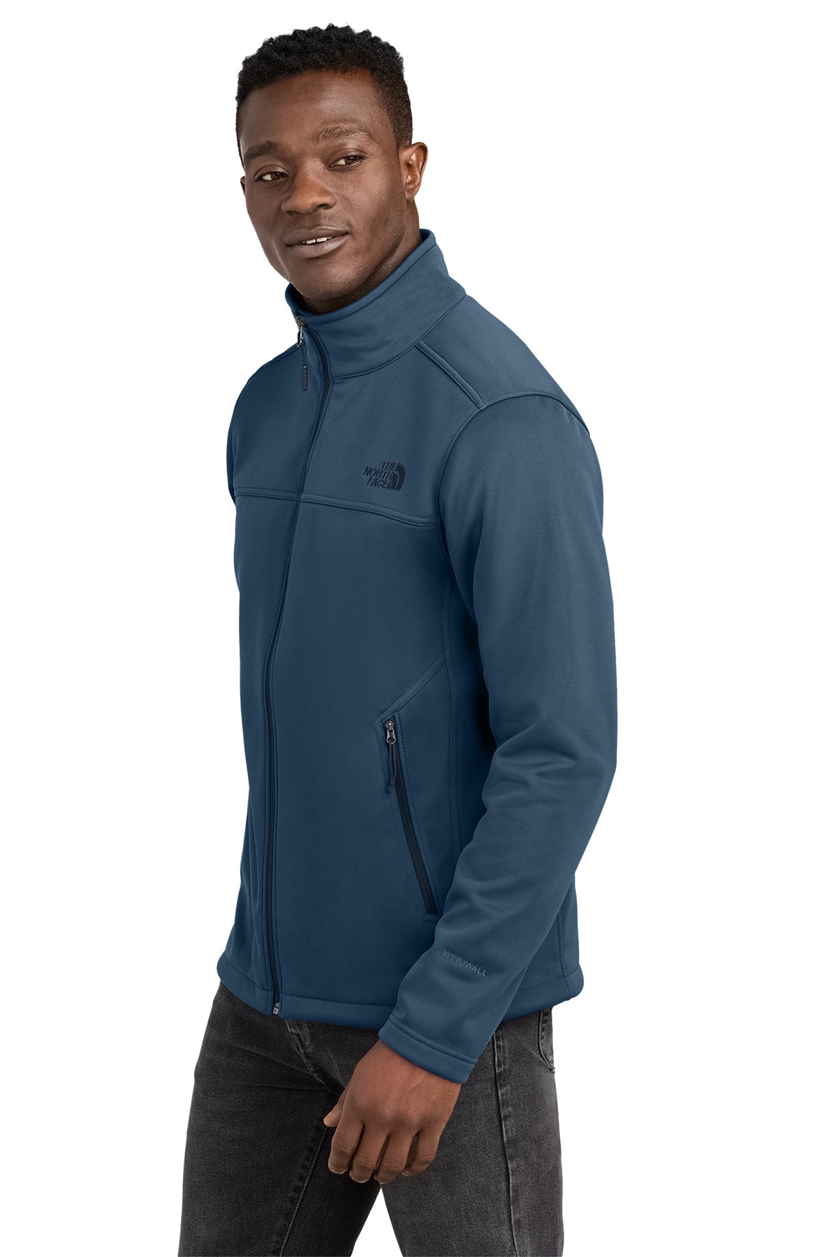 The North Face Chest Logo Ridgewall Soft Shell Jacket in Shady Blue, side on model
