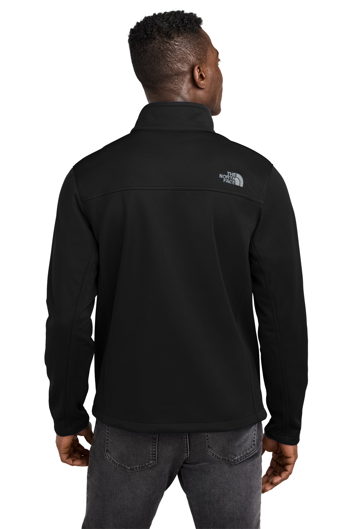 The North Face Chest Logo Ridgewall Soft Shell Jacket in TNF Black, back on model