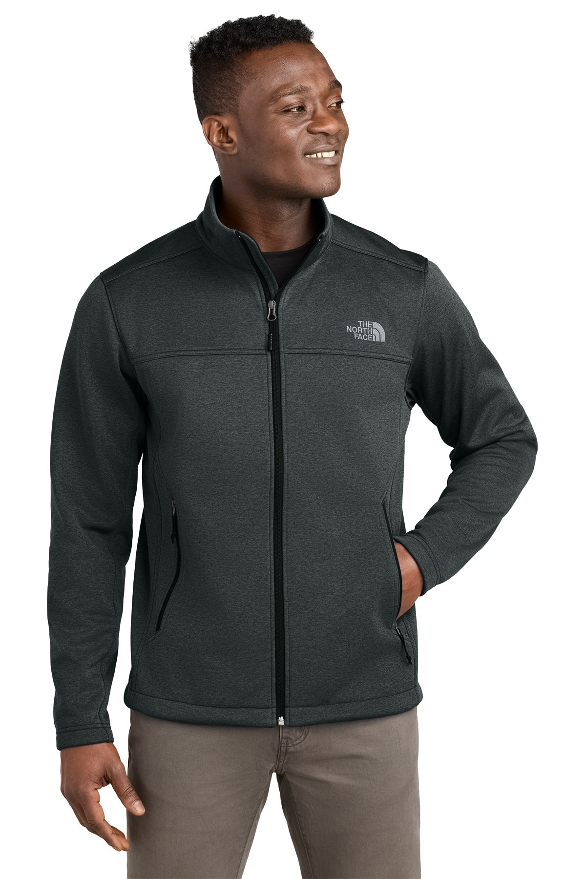 The North Face Chest Logo Ridgewall Soft Shell Jacket in TNF Dark Grey Heather, front on model