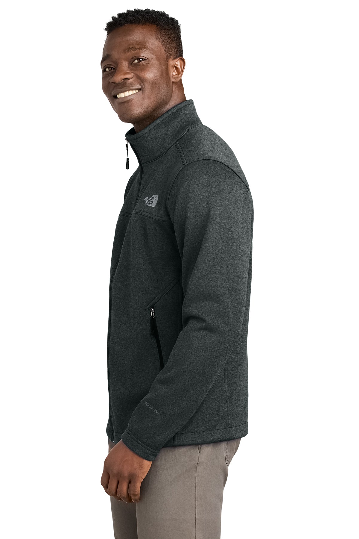 The North Face Chest Logo Ridgewall Soft Shell Jacket in TNF Dark Grey Heather, side on model