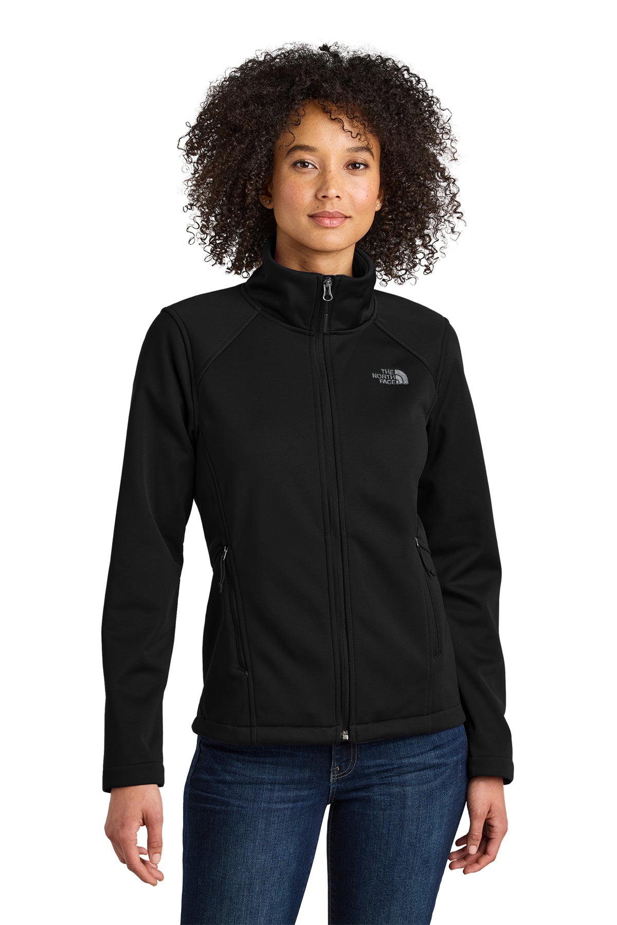The North Face Women's Chest Logo Ridgewall Soft Shell Jacket in TNF Black, front on model