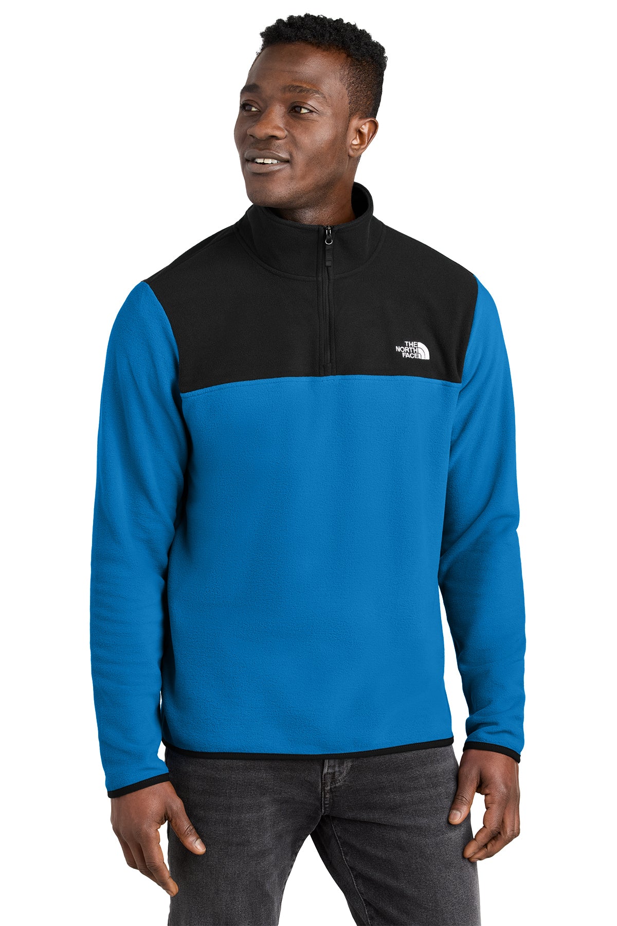 The North Face Glacier 1/4-Zip Fleece in Hero Blue/ TNF Black, front on model