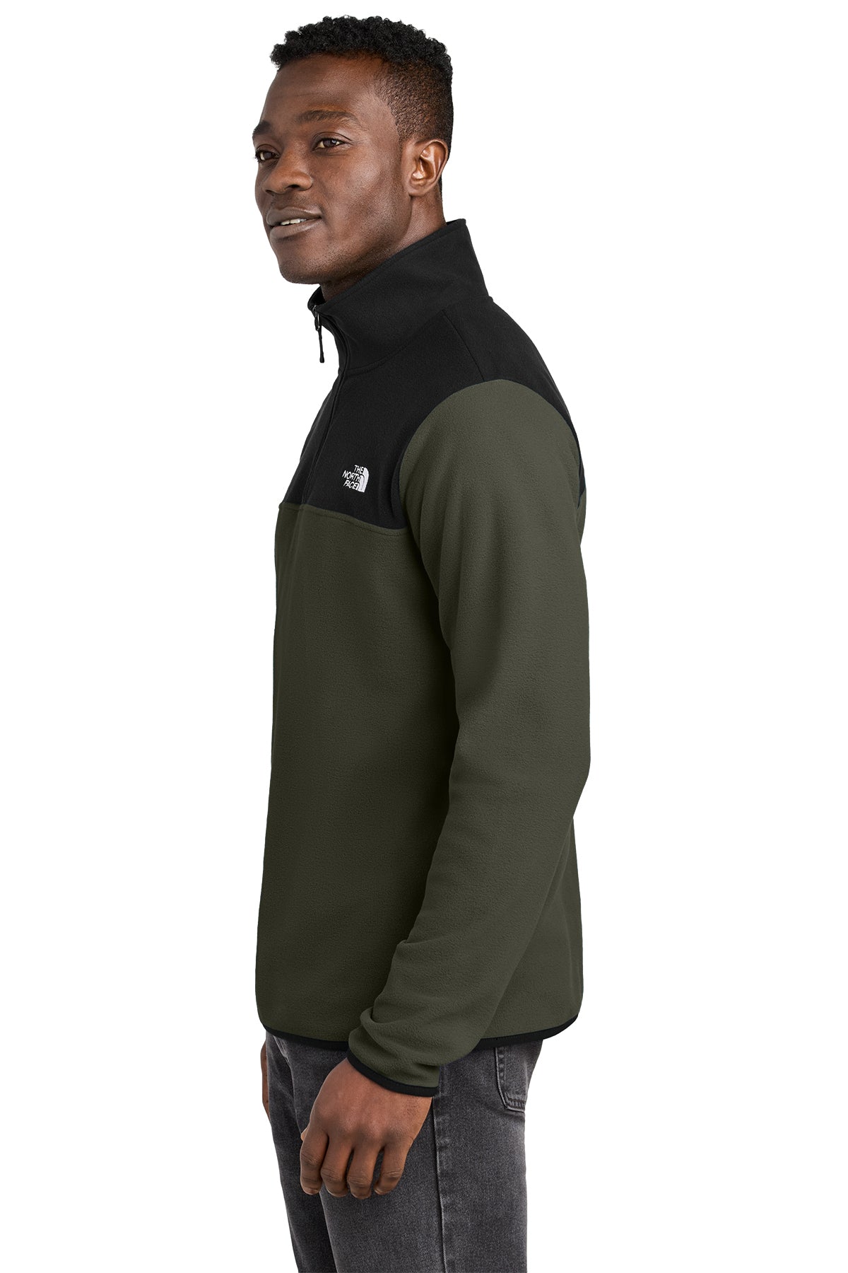 The North Face Glacier 1/4-Zip Fleece in New Taupe Green/ TNF Black, side on model