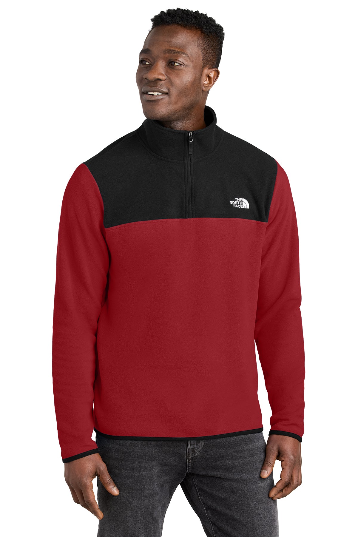 The North Face Glacier 1/4-Zip Fleece in Rage Red/ TNF Black, front on model